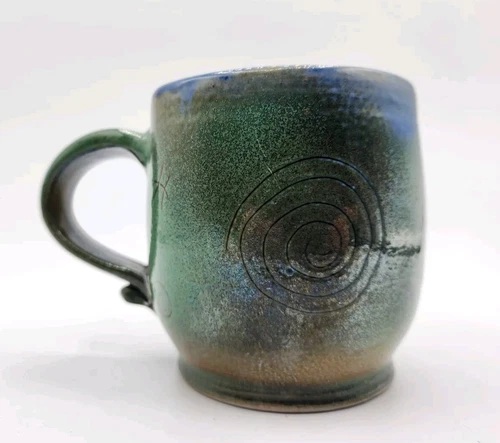 Vintage Signed Zion Studio Art Pottery Coffee Mug Cup Blue Green Swirls Abstract
