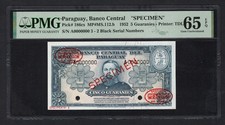Paraguay 5 Guaranies 1952 P186cs  Specimen N.3  Uncirculated Grade 65 Top Pop