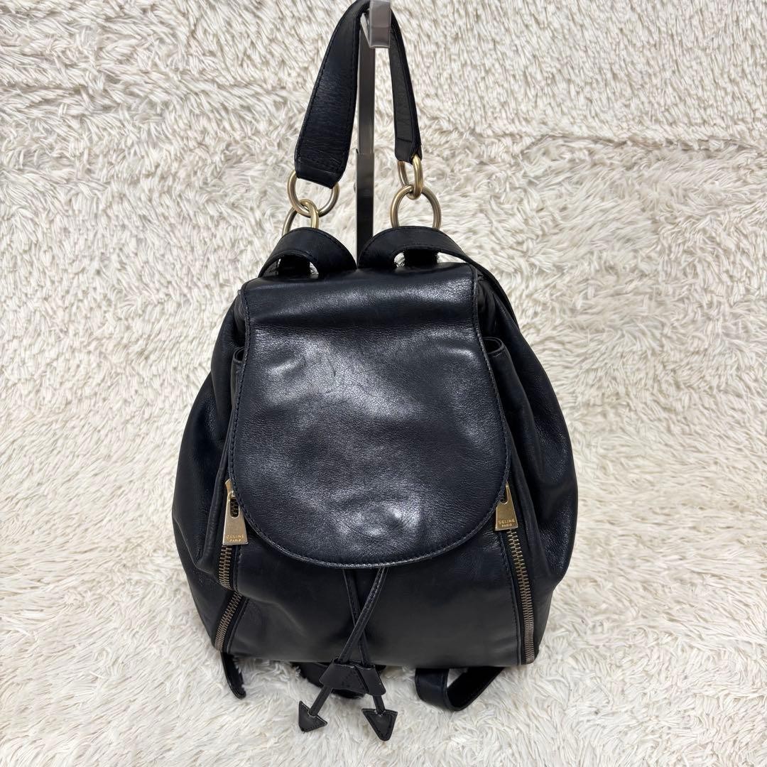 CELINE Backpack Leather Drawstring Bag Vintage Bl… - image 2