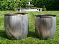 Set Of 2 XL Large Galvanised Metal Planters Round Dolly Tub Garden Drum Pots