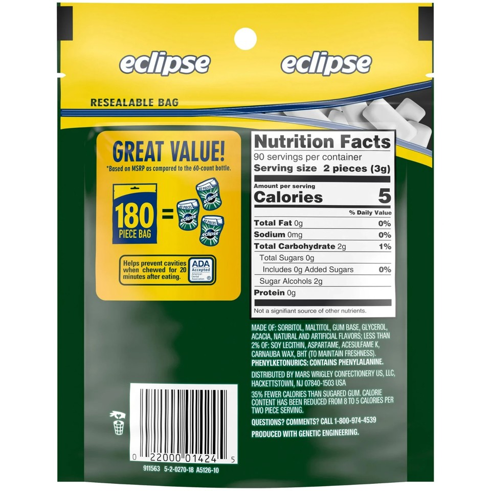 ECLIPSE Spearmint Sugarfree Chewing Gum - 180 Piece Bag, Fresh Stock
