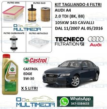 KIT TAGLIANDO 4 FILTRI E OLIO CASTROL 5W30 AUDI A4 8K 2.0 2000 TDI 105KW 143 CV