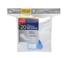 Hanes No Show Socks Mens White 20 Pair Size 6-12 Cushion Soft Comfort Polyester