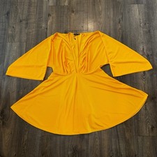 Boohoo Women’s Plus 16 Draped Kimono Sleeve Skater Dress Mustard Deep Neck Sexy