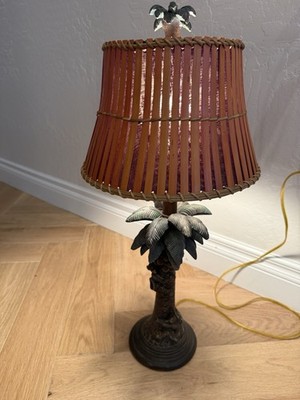 Vintage monkey on palm tree lamp with split bamboo shade 25 inches