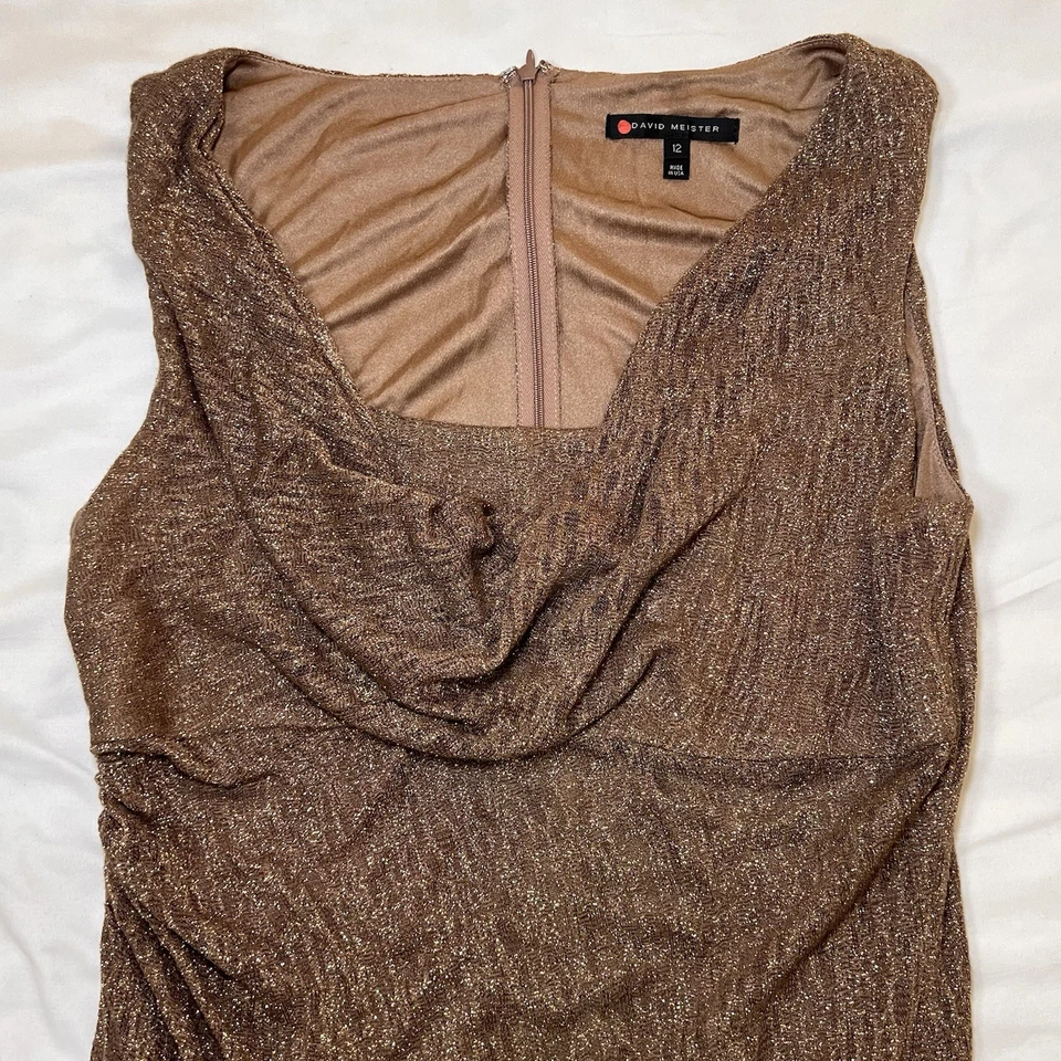 David Meister Dress Size 12 Metallic Copper Shimmer Cowl Neck Cocktail Long Gown - Image 2 of 4