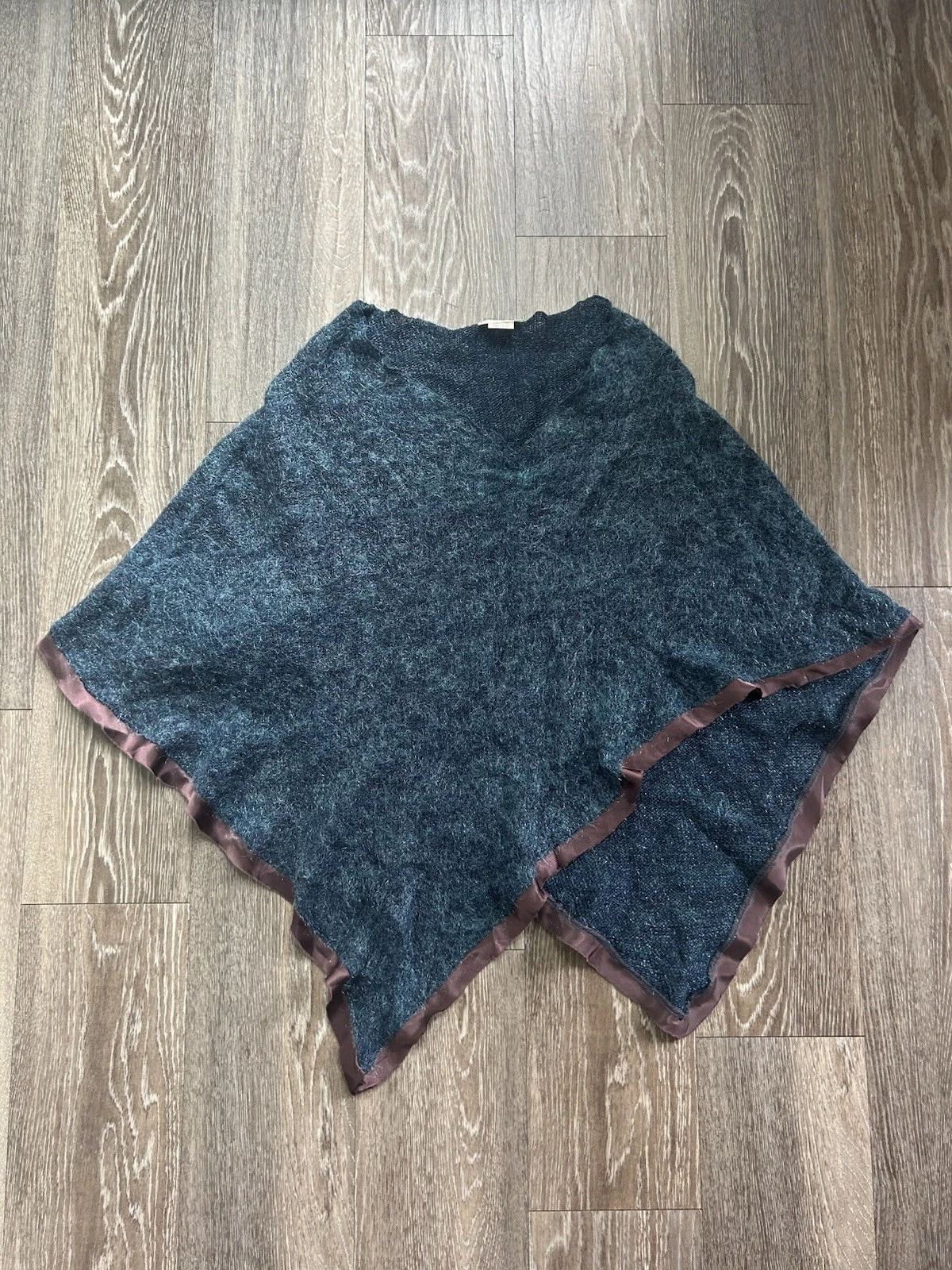 VTG Fondue Dark Blue Brown Satin Trim Wool Blend Poncho OS Y2K Boho