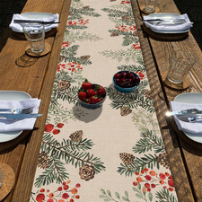 Winter Pine Cone and Berry Table Runner, Rustic Holiday Decor 13 x 72 Inches