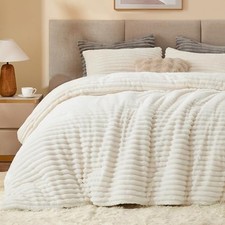 Fleece Comforter Set -Super Soft  Warm Fluffy Bedding, King Cream White