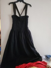 Zara Topstitched Midi Dress Black Ruched Top Area Crossed Back Cotton Sz M