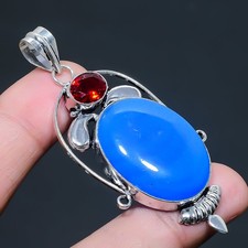 Blue Chalcedony, Garnet Gemstone 925 Sterling Silver Jewelry Pendant 2.6"