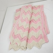 Handmade Crochet Baby Blanket Pink Cream Chevron Ripple Stitch Nursery Throw