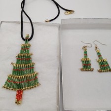 Handcrafted Beaded gold-tone Christmas Tree Necklace  Pierced Earring Set