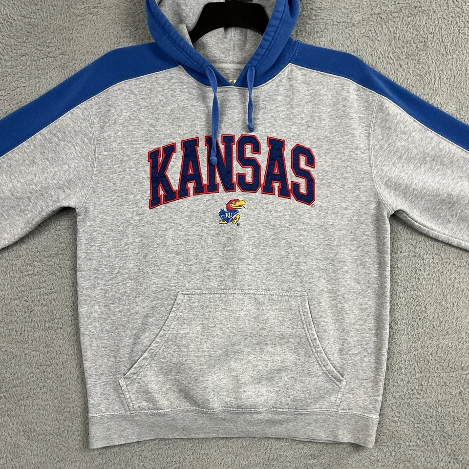 KU Jayhawks Hoodie Sweatshirt Adult Medium Gray Blue Kansas Spellout Distressed - Image 3 of 4