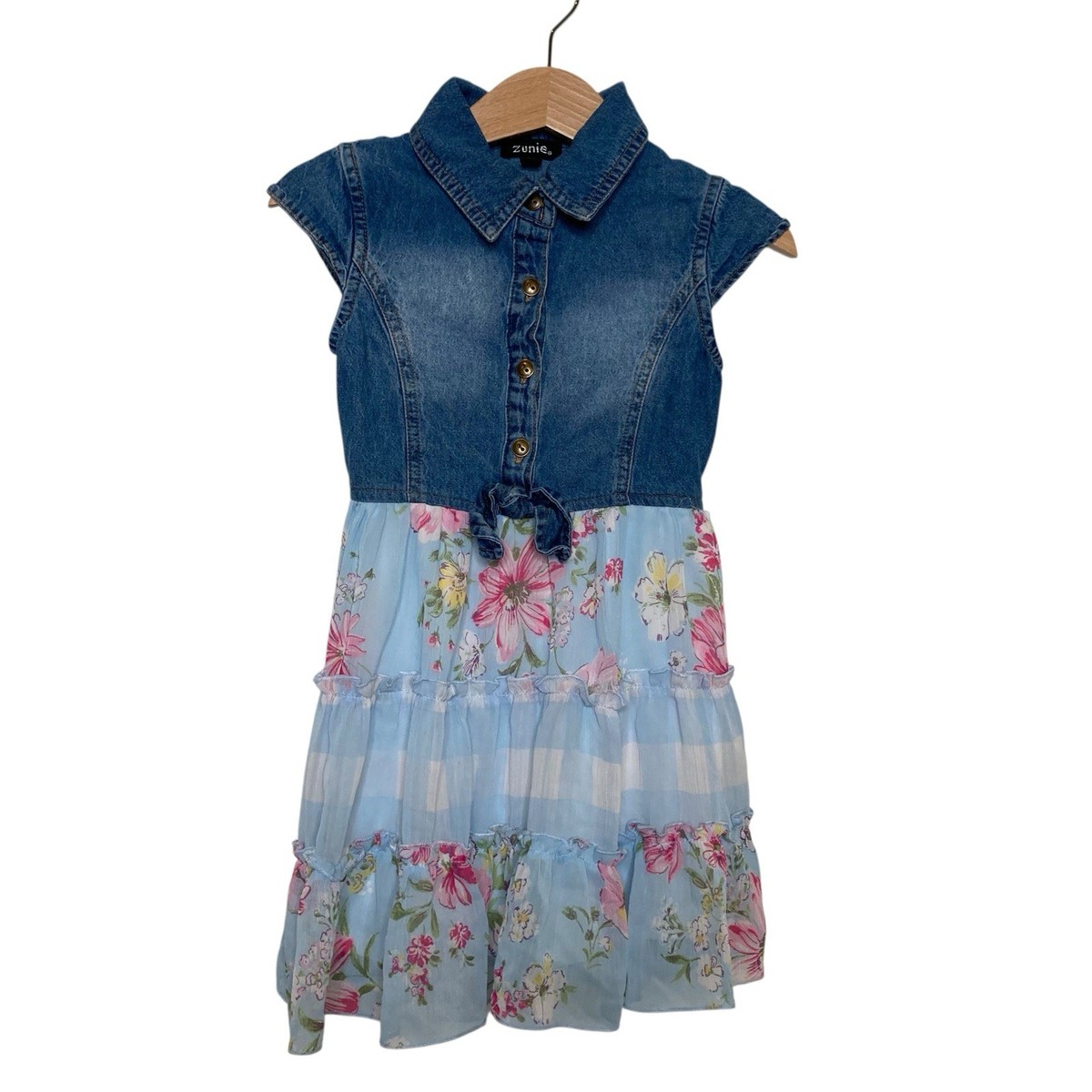 Zunie Girls Size 4 Denim Tiered Floral Print Chiffon Dress Metal Button | eBay Zunie Girls Size 4 Denim Tiered Floral Print Chiffon Dress Metal Button | eBay