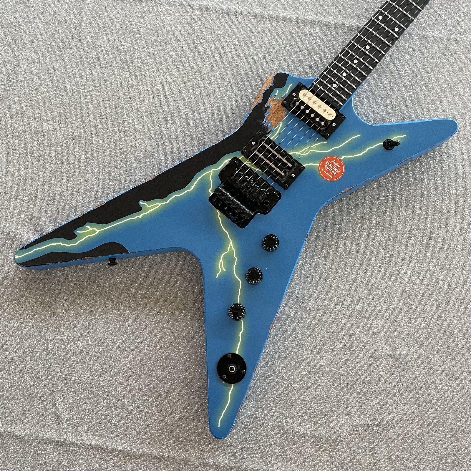 Aged Finish Electric Guitar Solid Body H-H Pickups Lightning Print Tremolo Blue