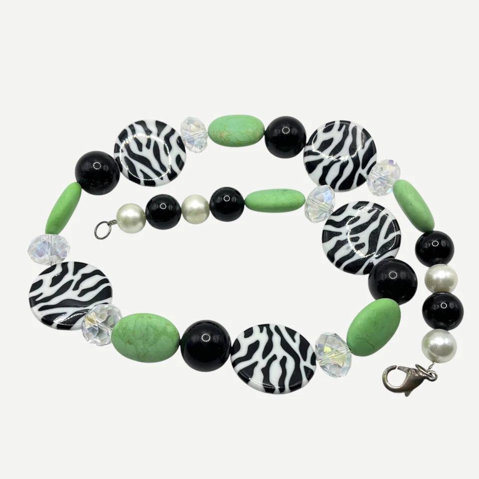 Коренастый бисером заявление ожерелье имитации жемчуг зеленый камень кристалл зебра печати - Изображение 2 из 4