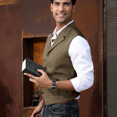 Men's Vest Tweed Lapel Casual Business Sleeveless Jacket Herringbone Vest Coat - Picture 18 of 32