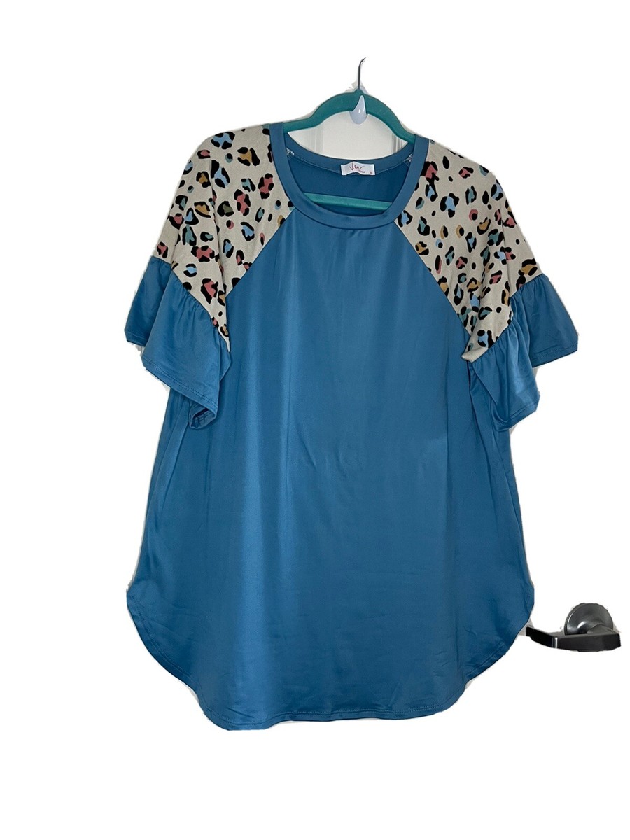 ●ONE BRILLIANT● ArayaOB528Leopard 5009360822 Sz 1X NWOT Blue Top Leopard Ruffled Short Sleeve | eBay