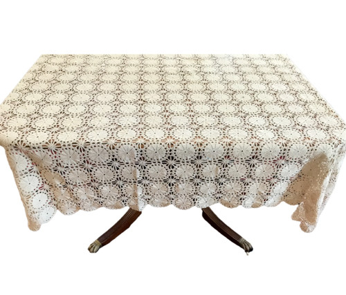 Vintage Tablecloth Ecru Crochet Beige 59" x 62" Scalloped Edge Holiday Decor