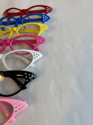 Costume Cat Eye Glasses 50s Style Clear Lens Adult Rhinestones You Pick Color - Picture 2 of 12
