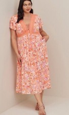Torrid Lace Up Tea Length Maxi Dress Crinkle Gauze Floral Coral Orange 1X 14/16
