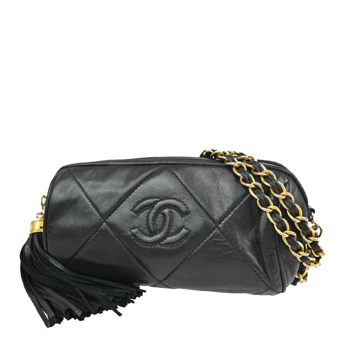 CHANEL CC Tassel Mini Matelasse Chain Shoulder Bag Leather BK