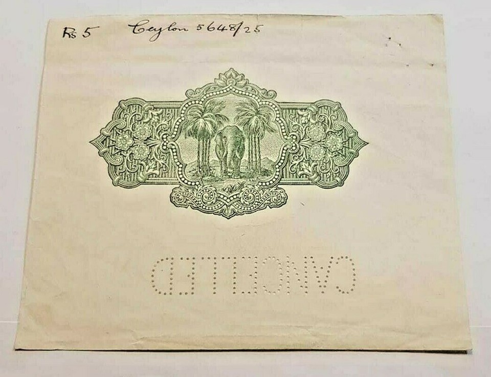Ceylon Back Proof Elephant Watermark Paper Note Original Rare 5 Rupees ...