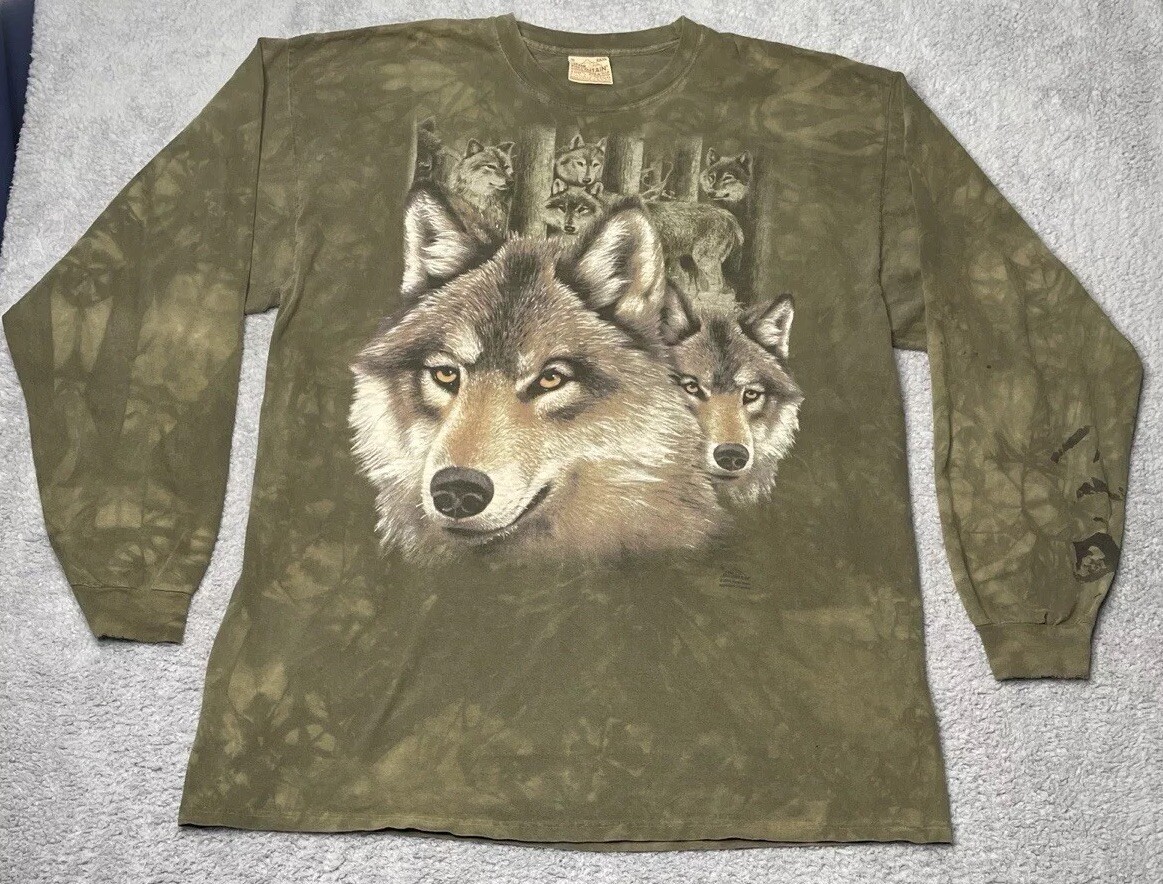 VTG Y2K The Mountain Tye Dye Wolves Print Long Sleeve Nature