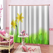 Green Stem Grass Blue Petals Printing 3D Blockout Curtains Fabric Window