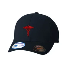 Flexfit Hats for Men & Women Red Medical Caduceus Symbol Embroidery Polyester