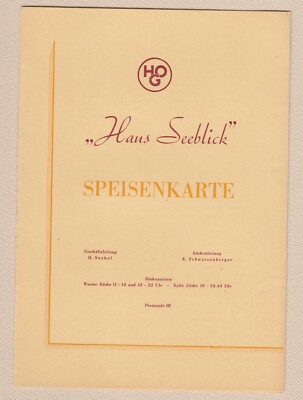 vor 1964 - HO G HAUS SEEBLICK  Preisstufe III - Speisenkarte DDR - Preise in DM