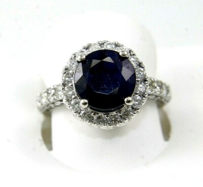 Natural Round Blue Sapphire & Diamond Halo Solitaire Ring 14k White Gold 4.89Ct