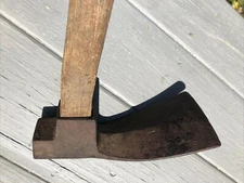 Antique 1870s Wrought Iron Adze Axe Stamped Hunter & Brigham Clyde Ohio w Handle
