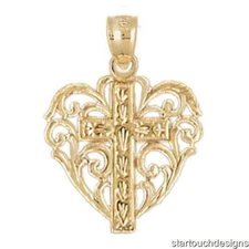 New 14k Yellow Gold Heart With Cross Pendant
