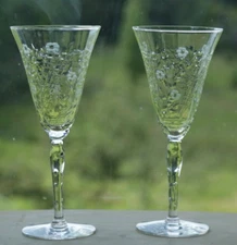 TWO Blown Glass Water Goblets, Mixed Cut Floral, Dimpled Stem, Unknown Maker