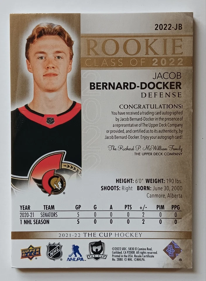 2021-22 UD The Cup Rookie Class Of 2022 Auto Jacob Bernard-Docker /50 OTT BUF - Image 2 of 2