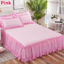 3X Mesh Lace Ruffle Bed Skirt Bedspread Sheet Dust Deep Drop Solid Pillowcase