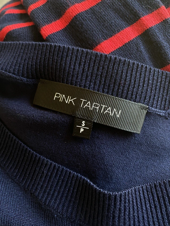 粉色 TARTAN 全新无标签航海海军蓝和红色条纹长袖毛衣 S 码  — 第 4/4 张图片