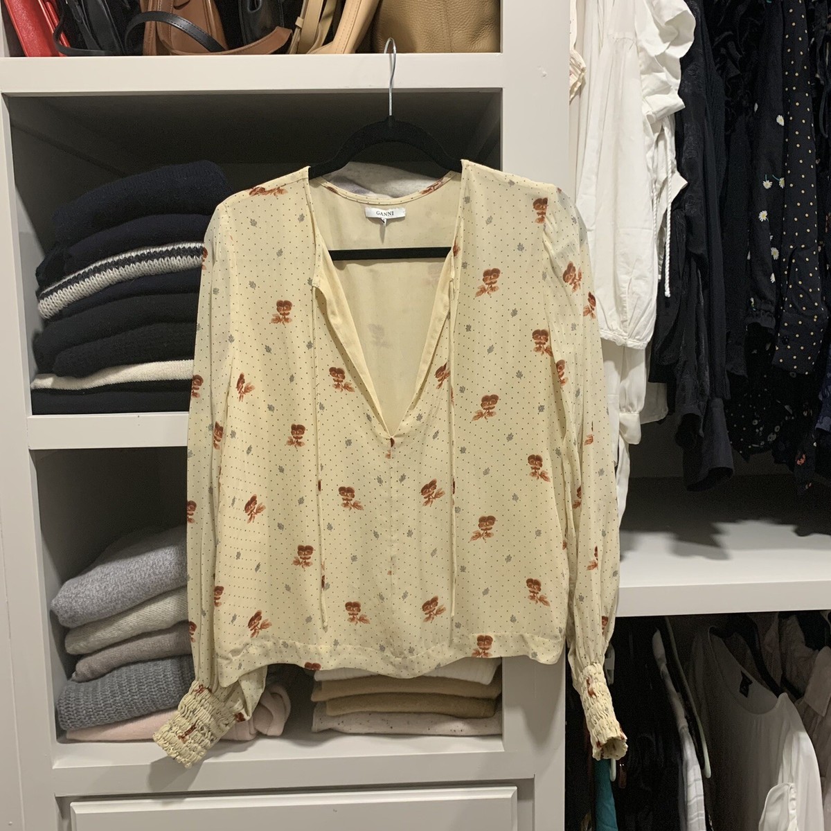 Ganni Peach Floral Newman Georgette Blouse Top Long Sleeve Size 34 XS