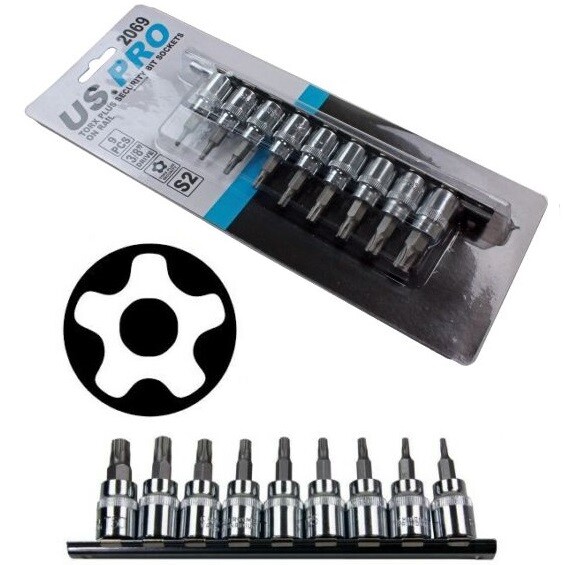 9pc TORX PLUS SECURITY BIT SOCKET SET by US PRO TOOLS T10 to T50 3/8"" Drive