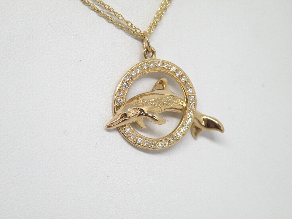Auténtico colgante Kabana oro amarillo 14k, delfín en círculo de diamantes NUEVO Foto 4 de 4