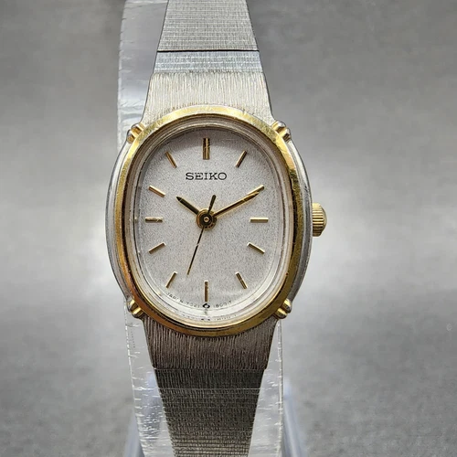 Seiko Watch Women 18mm White Dial Two Tone Oval 7321-6100 New Battery