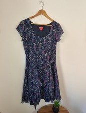 MONSOON Size 14 Short Sleeved Knee Length Dress Floaty Pretty Navy Purple Fairy
