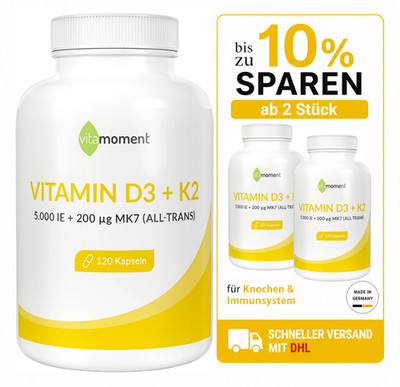 Vitamin D3 + K2 MK7 Kapsel 120 -  Für Immunsystem & Knochen  - Hoher Dosierung