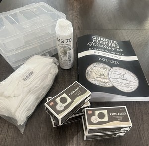 Coin Collecting Supplies Lot-1250 Coin Flips-Storage Boxes-Gloves-Cleaner - Ref