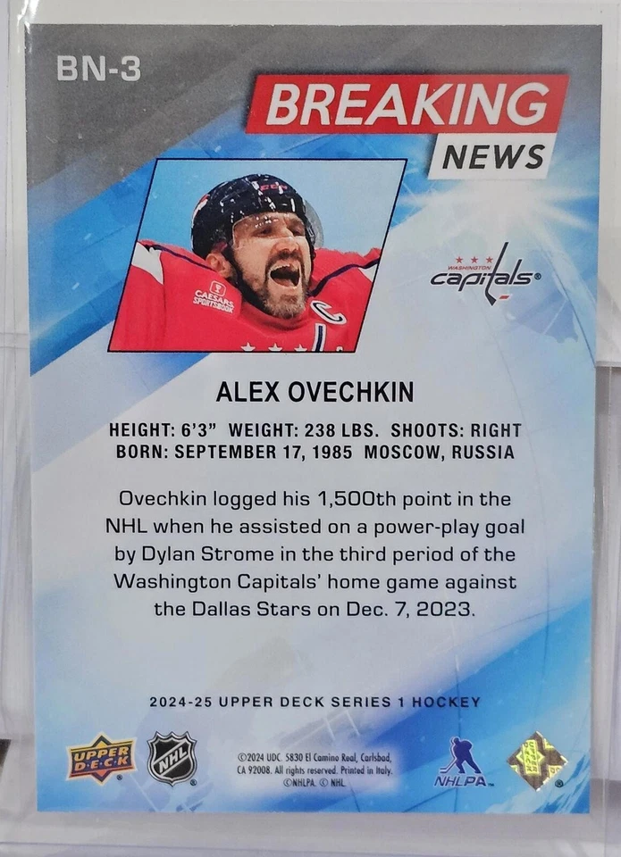 Alex Ovechkin 1500th NHL Point Breaking News Trading Card - Upper Deck - Image 2 of 2