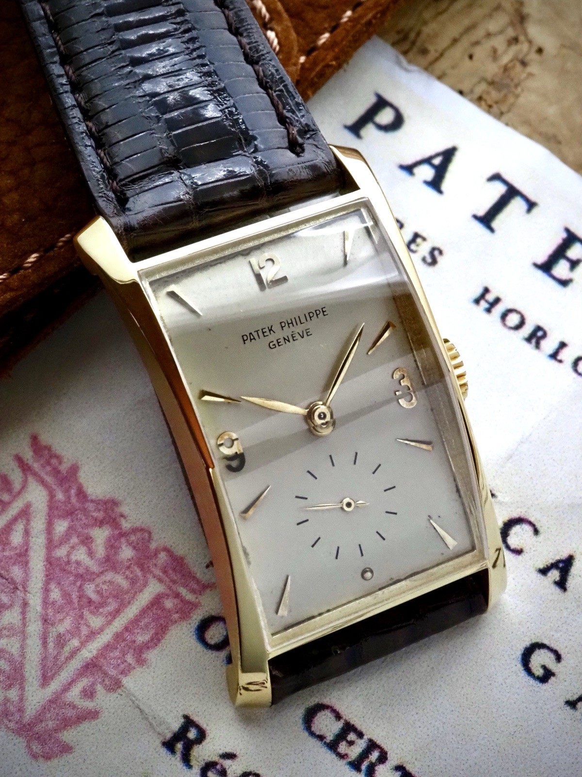 VINTAGE 1956 PATEK PHILIPPE 18K HOURGLASS WATCH 1593 w/ COPY OF ORIGINAL CERT