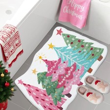 Pink Christmas Tree Bath Mat Non Slip Washable Winter Xmas Decor 27x18 Inch