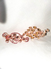 2 Barrettes Clip Peacock Yellow Gold Rhinestones; Floral Swirl Pink Rhinestones